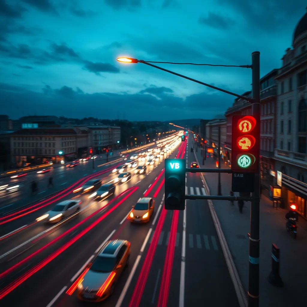 City traffic light system seen from a high angle, motion blu