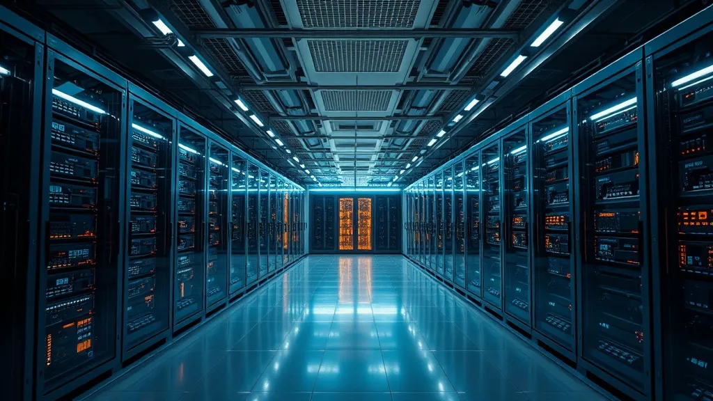 A high-tech server room with glowing lights, minimalist arch