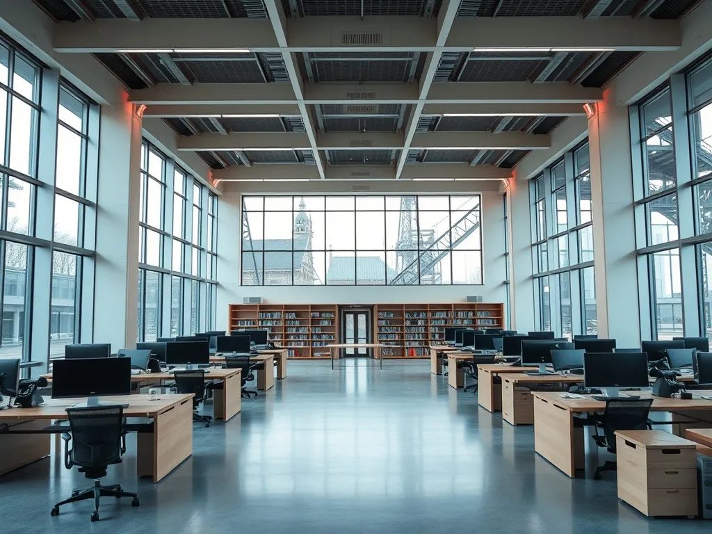 A high-tech modern university library interior in Budapest,