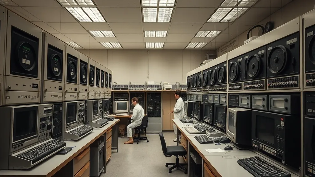A vintage 1970s computer research lab with large mainframe u